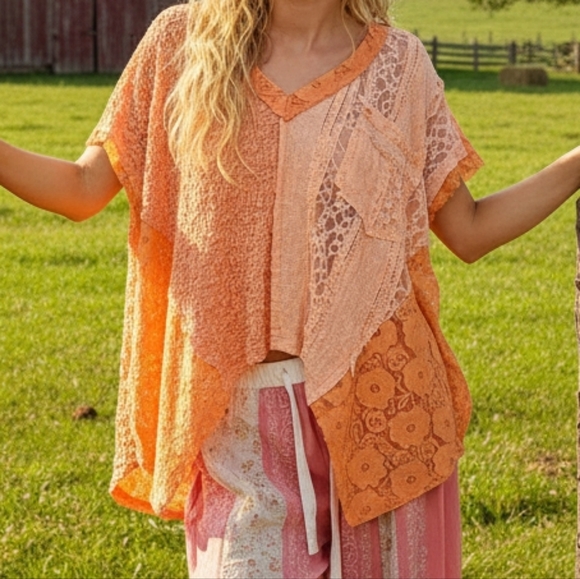 POL Tops - POL Lace Patchwork Asymmetrical Drape Shirt Oversized V-Neck Exposed Seam Top